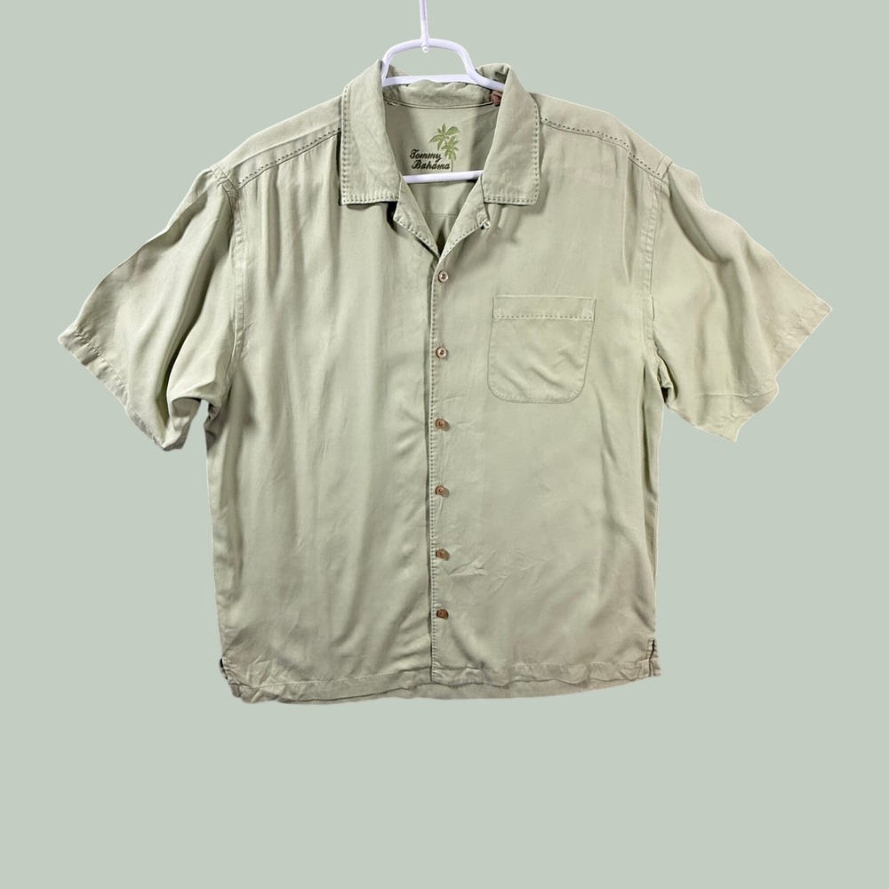Tommy Bahama Mens Large 100% Silk Short Sleeve Button Down Shirt Sage Green Camp